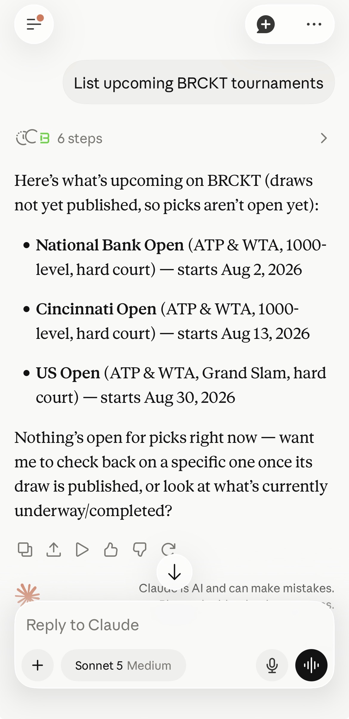 Asking Claude about upcoming Brckt tournaments through the AI connector