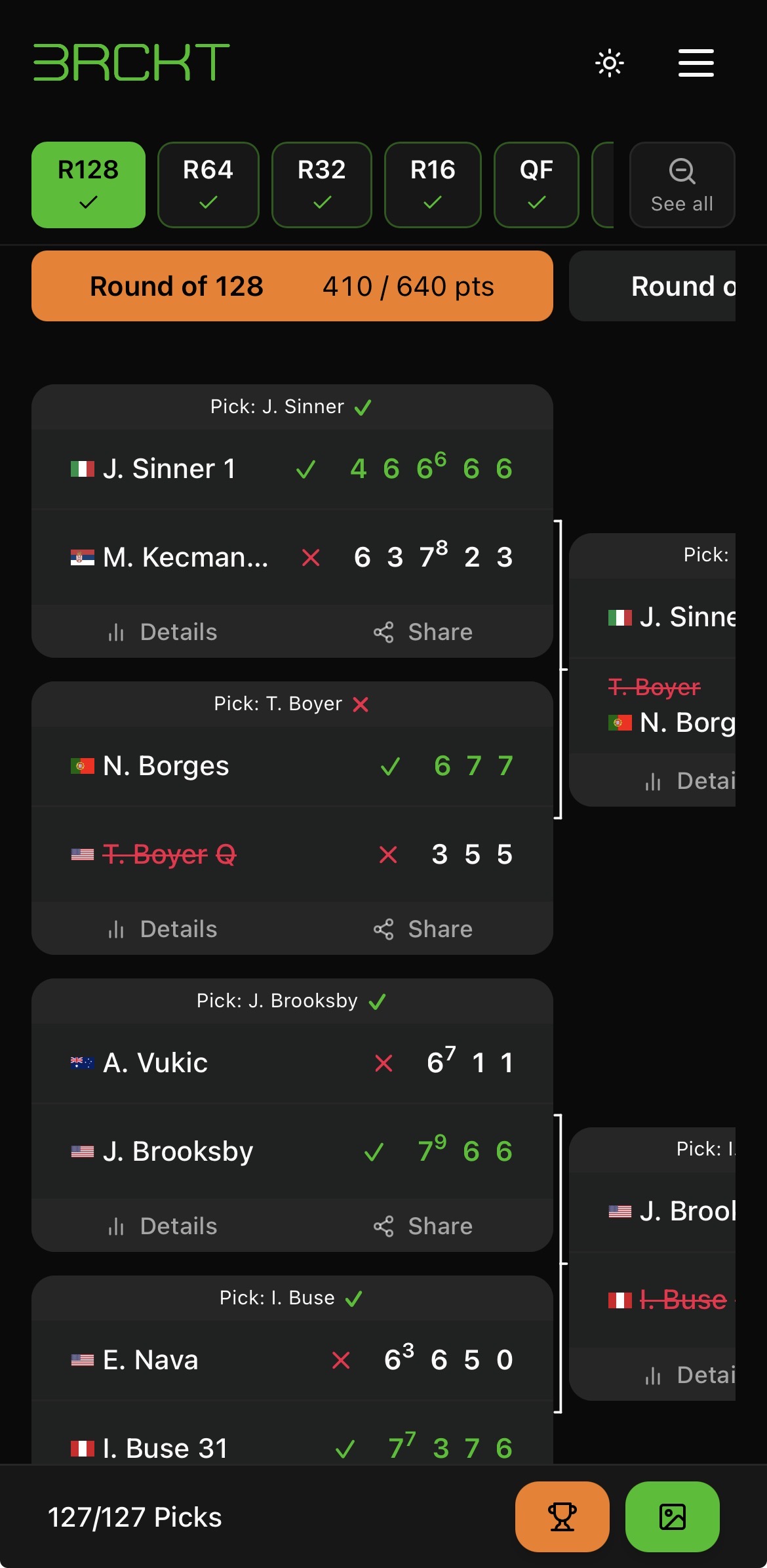 The Brckt mobile app showing round of 128 picks, scores, and live results