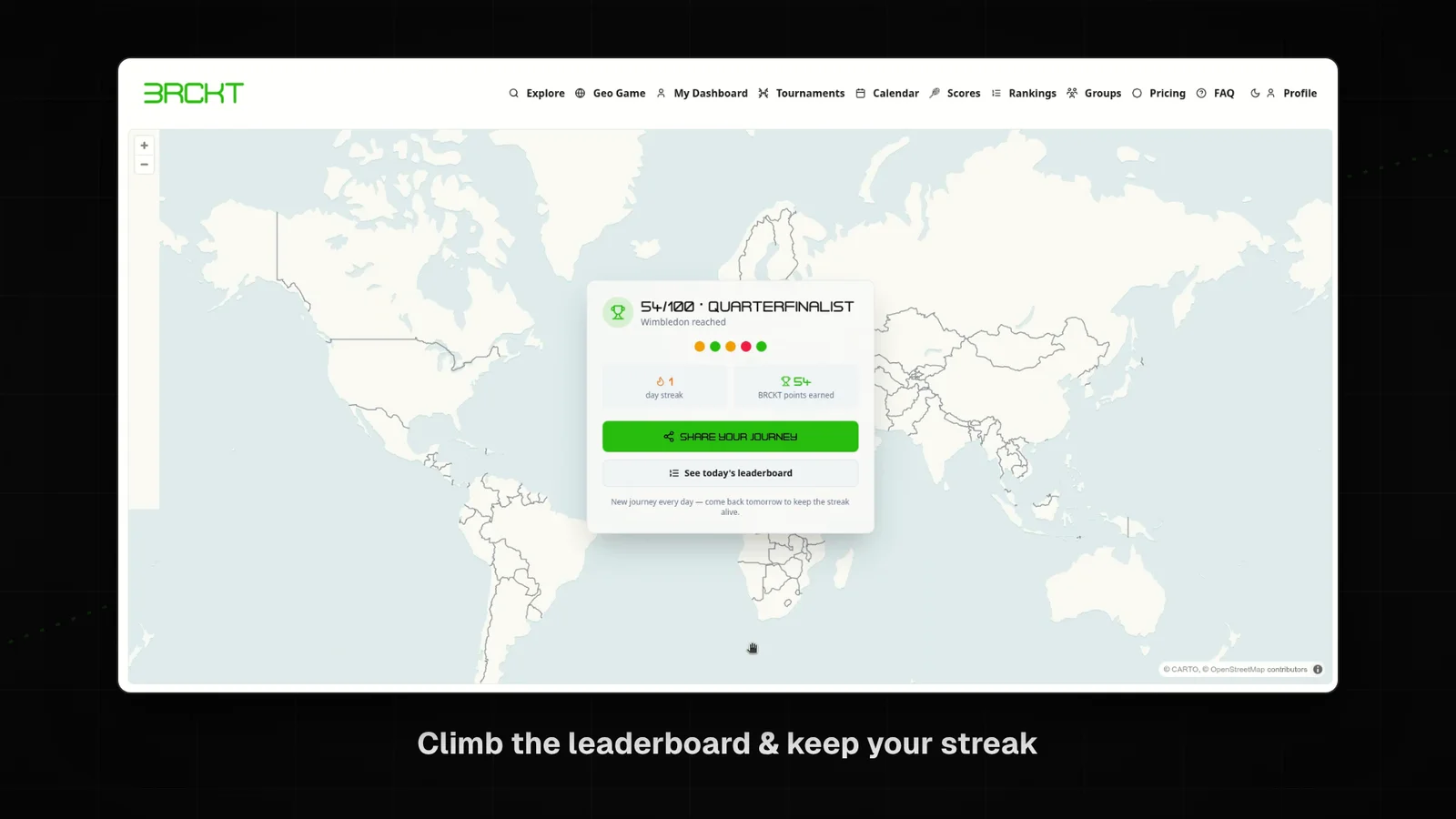 Tennis Around the Globe result panel with your score and run title