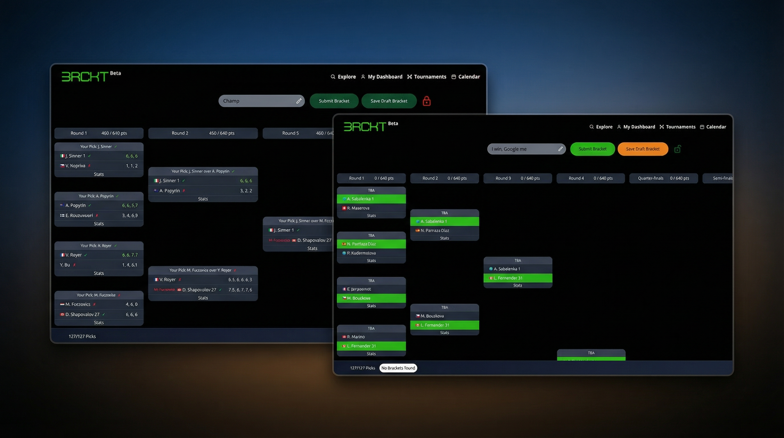 Tennis bracket challenge platform interface