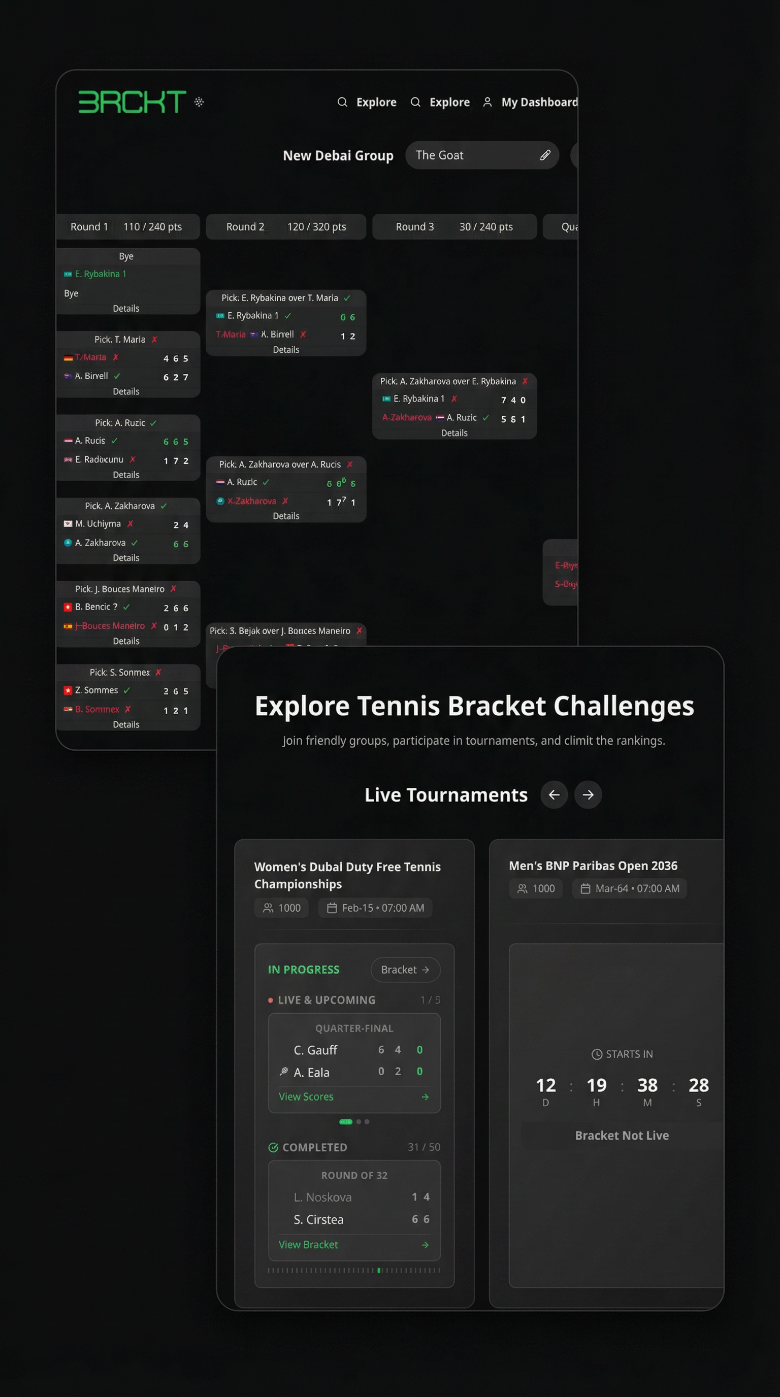 Tennis bracket challenge platform interface